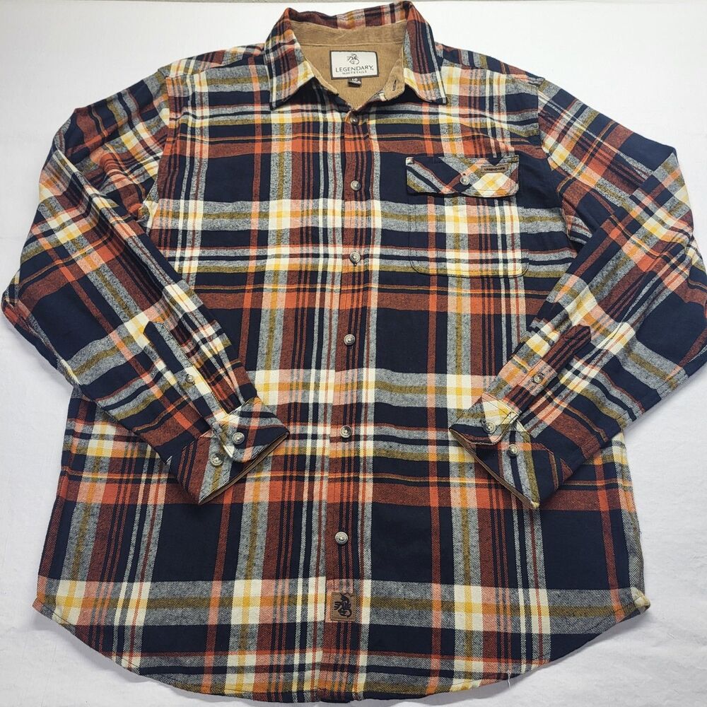 Legendary Whitetails Buck Camp Plaid Flannel Shirt Jacket Mens LG Orange Navy